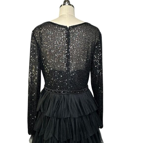 Mac Duggal Black Long Sleeve Ruffle Tiered Sequin Midi Cocktail Dress| 10 - Picture 4 of 10